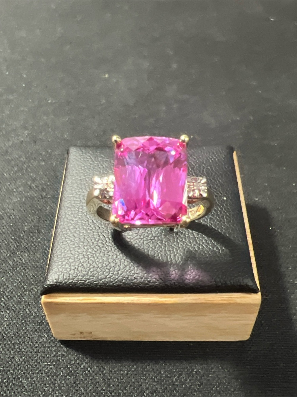 10k Yellow Gold Large Emerald Cut Pink Sapphire Diamond Accent Cocktail Ring Sz7